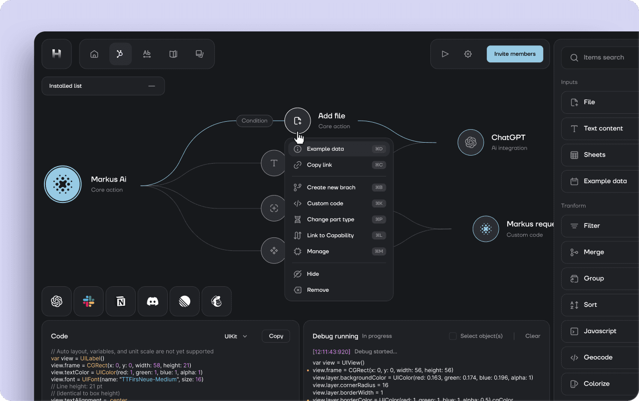 Visual workflow editor with connected nodes